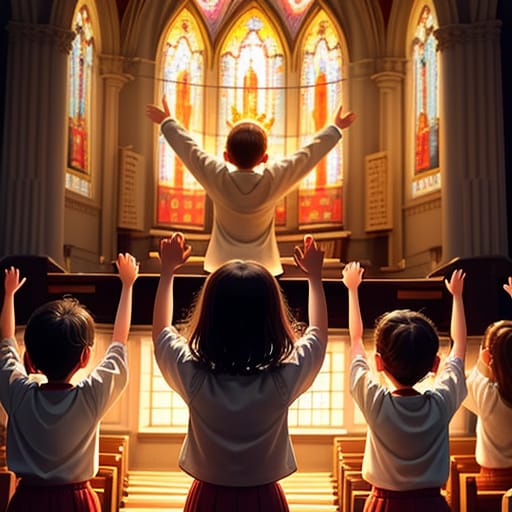 An Illustration Of Children With Their Arms Raised, Singing Joyfully In A Church Or Outdoor Setting Wearing Different Clothes. , Medium Full Shot, Realisti...