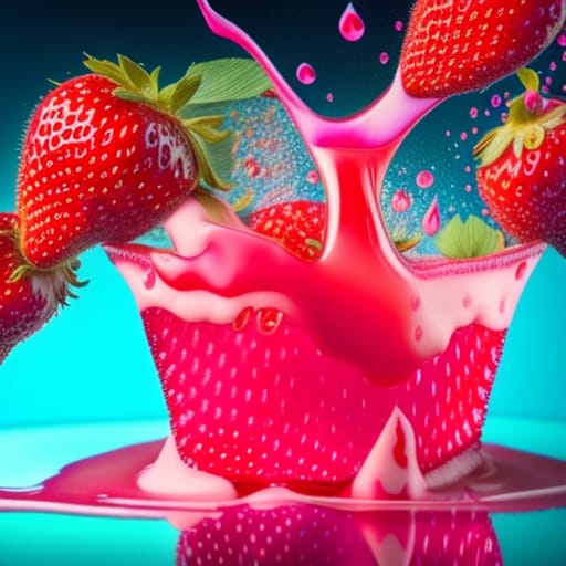 Create A Cat Made Of Strawberries Is Falling Into A Pink Liquid, Milk Bath Photography, Strawberry, Slow - Mo High Speed Photography, Flowing Milk, Realist...