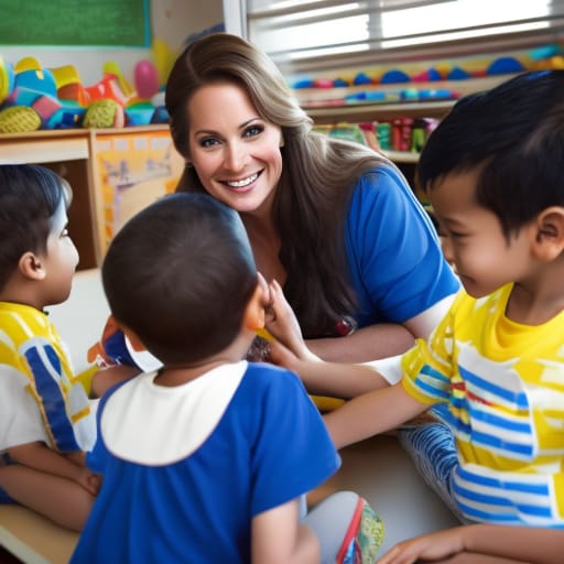 School Teacher Playing With Children, In An Daycare, Happy