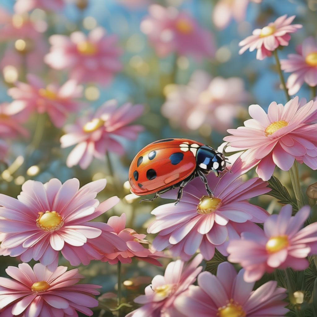 (masterpiece, High Resolution, 3D:1.3) In This Vibrant And Lifelike 3D Image, A Delightful Red Ladybug (coccinellidae) Rests Gracefully On A Delicate Daisy...
