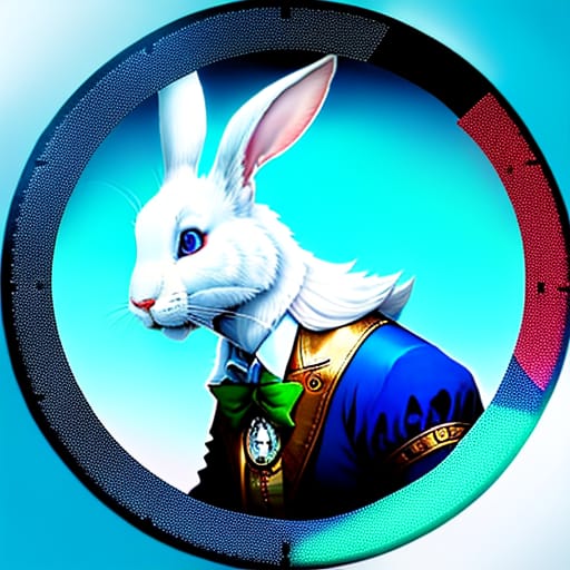 Imaginary Cartoonish, Unrealistic, Fantastic, Disney-style Surreal And Unrealistic Close-up Of Alice In Wonderland's White Rabbit. The White Rabbit Has A G...