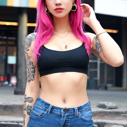 Bstract Style Thai Girl In Jeans Shorts, Midriff, Glowing Eyes , Earring Piercings, Punk, White Hair, Colorful, Very Thin, Fit, Small Breasts, Muscular, Ta...