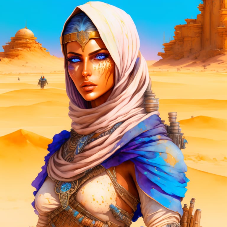 Ultra Detailed Digital Minimalistic Line Art Watercolor Render Of A Futuristic Beautiful Female Desert Nomad, Detailed Symmetric Beautiful BLUE Eyes, Sand...