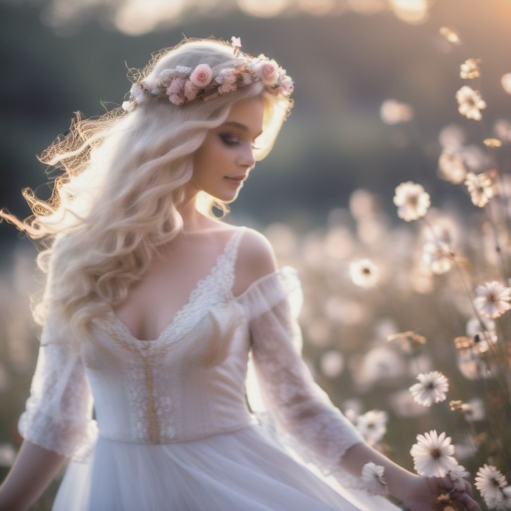 Lady In White Mini Dress, Taken During The Golden Hour, Beautiful, Lang Blond Hair, Flower Crown, Buterflies