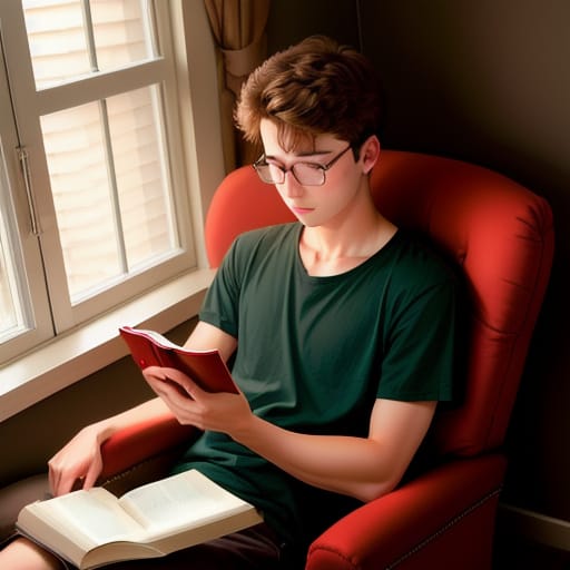 Young Blind Man Reading A Braille Book On Wood Table, Seated On Red Chair, Taken With A Sony A7 Camera, Taken Using 70mm Portrait Lens, High-key Lighting