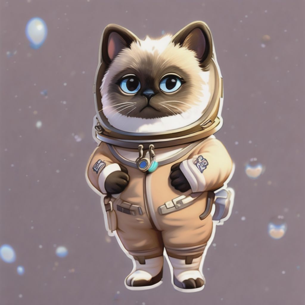 A Sticker 2D Design Of A Siamese Cat In An Astronaut Suit, Head Covered In Astronaut Suit, Precise Ink Drawing, Full Body, Taken During The Golden Hour, Hi...