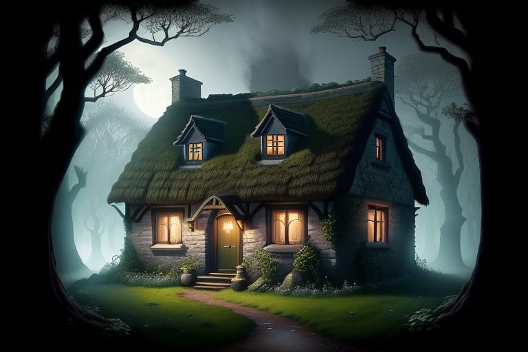 Generate An Image Of A Small, Quaint Cottage Nestled In The Dense, Dark Woods Of England. This Cottage Has An Eerie, Haunting Aura With Ghostly Apparitions...
