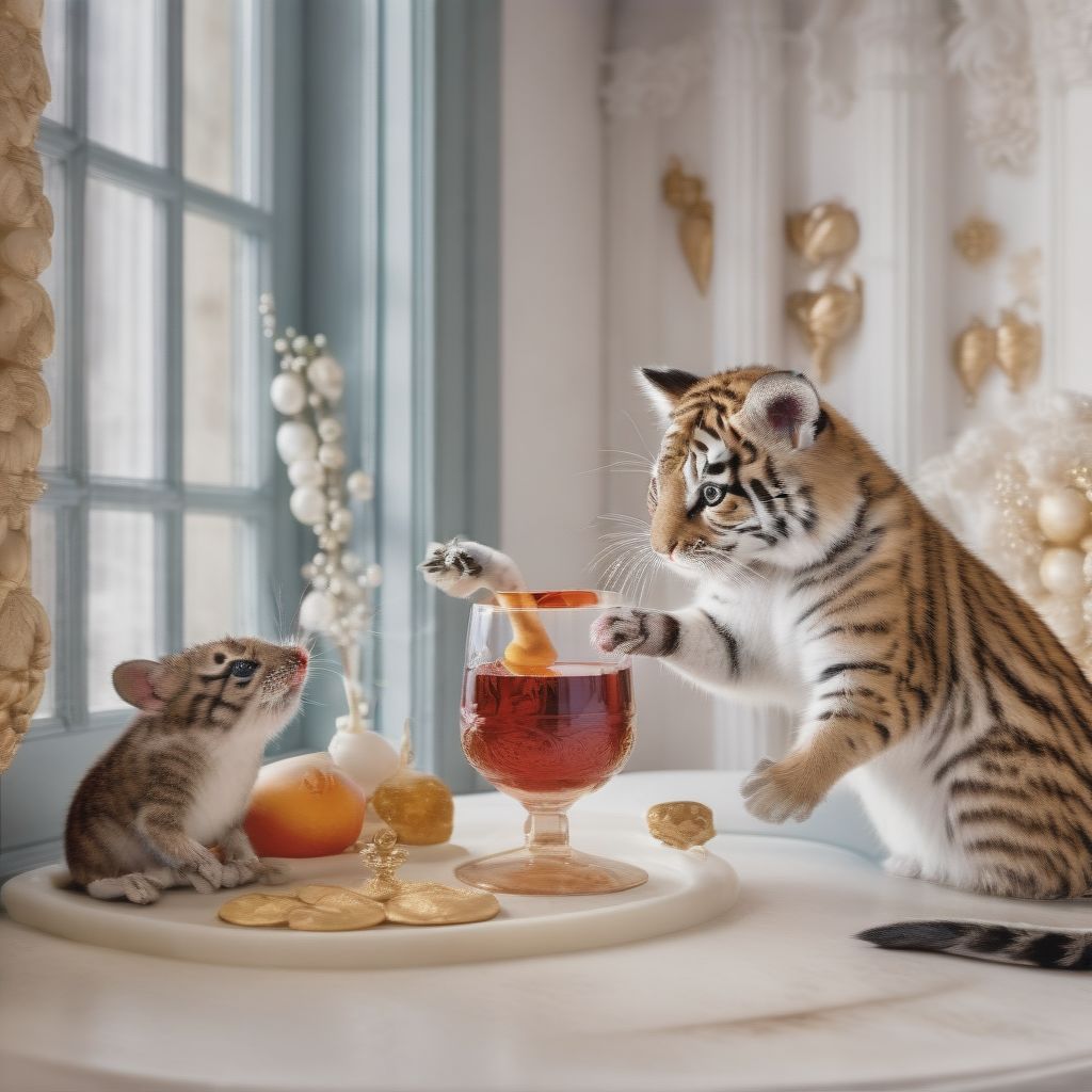 A Mouse And A Tiger Enjoy A Bottle Of Wine In The Parlour At Home. They Look At Each Other In Love And Show Their Affection.