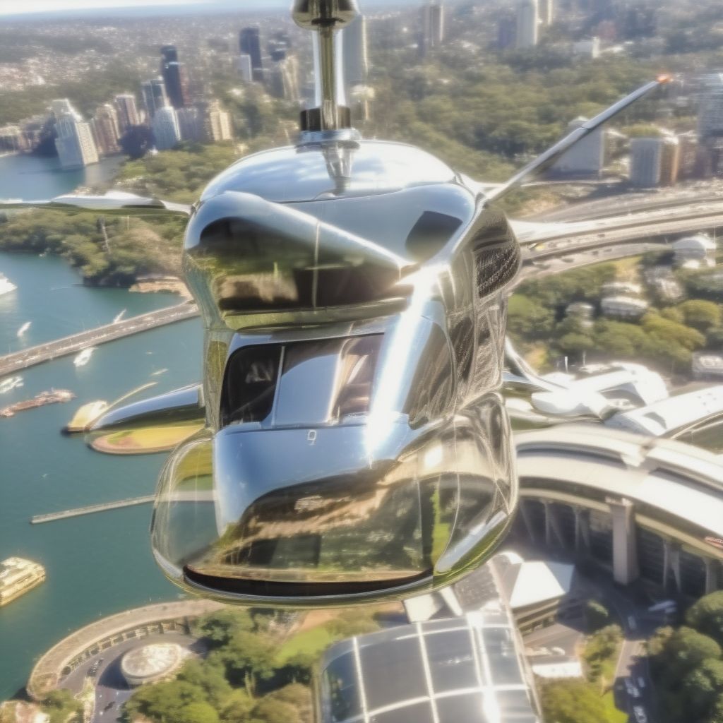 Glass Front Helicopter Flying Over Sydney With The Harbour Bridge Below Close Up Of The Helicopter With Large Rabbit Inside Showing Helicopter From The Fro...