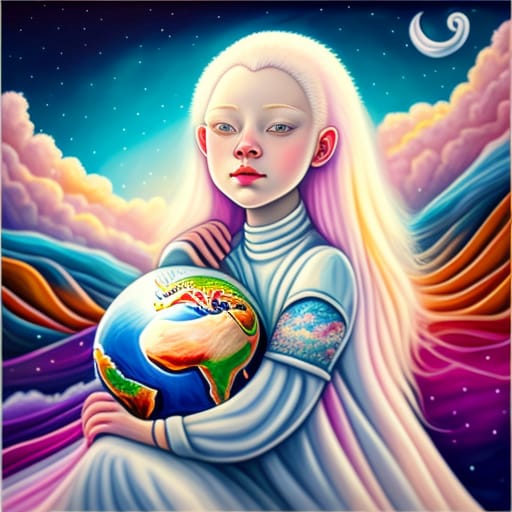 A Girl Hugging The Planet Earth, Beautiful Albino Girl , Cartoon Style, Vibrant Skin, Extremely Delicate, Insanely Detailed, Hdr, Vibrant Tones, Approachin...