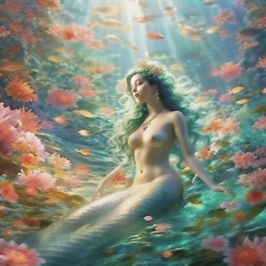 (masterpiece, High Resolution, Tasteful Nudity:1.3), Ethereal Mermaid, Long Flowing Sapphire Hair, (silver Scales:1.2), (piercing Sea Green Eyes:1.1), Surr...