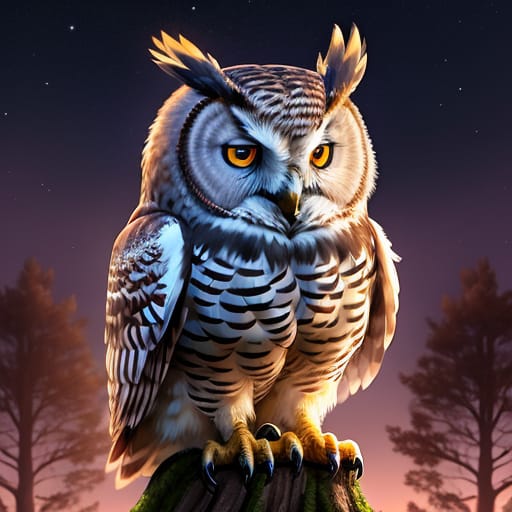 Hyper Realistic Image Of A Owl As A Sports Mascot. Sitting In A Tree At Night.