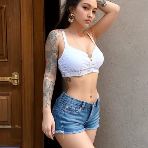 Bstract Style Thai Girl In Jeans Shorts, Midriff, Glowing Eyes , Earring Piercings, Punk, White Hair, Colorful, Very Thin, Fit, Small Breasts, Muscular, Ta...