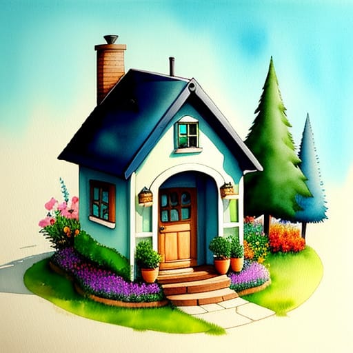 Magical Whimsical Watercolour Ink Cute Little House