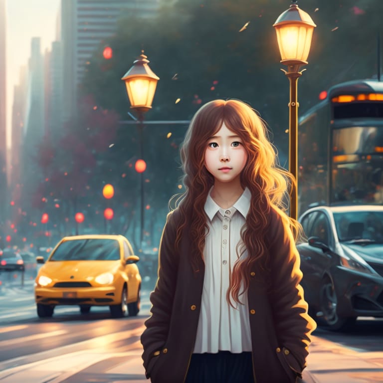 A 25-year-old Girl With Long Wavy Hair Is Standing Next To The Traffic Light On The Street, Waiting For The Bus. The Warm Light Shines On The Girl's Face,...