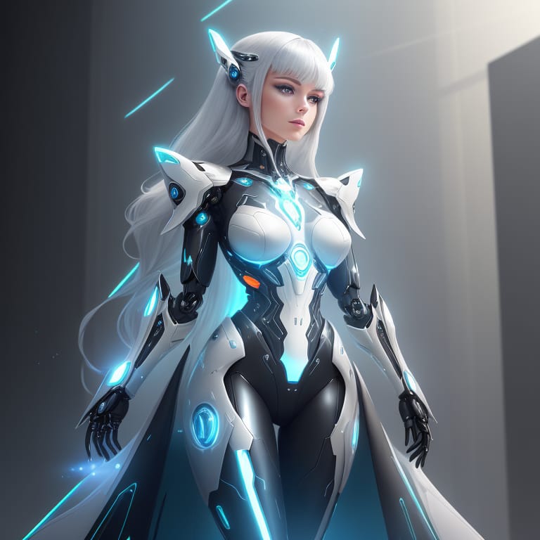 A Woman In A Sleek And Futuristic Robot-themed Outfit. The Outfit Is Adorned With Metallic Accents And Intricate Details, Giving Her A Cybernetic Appearanc...