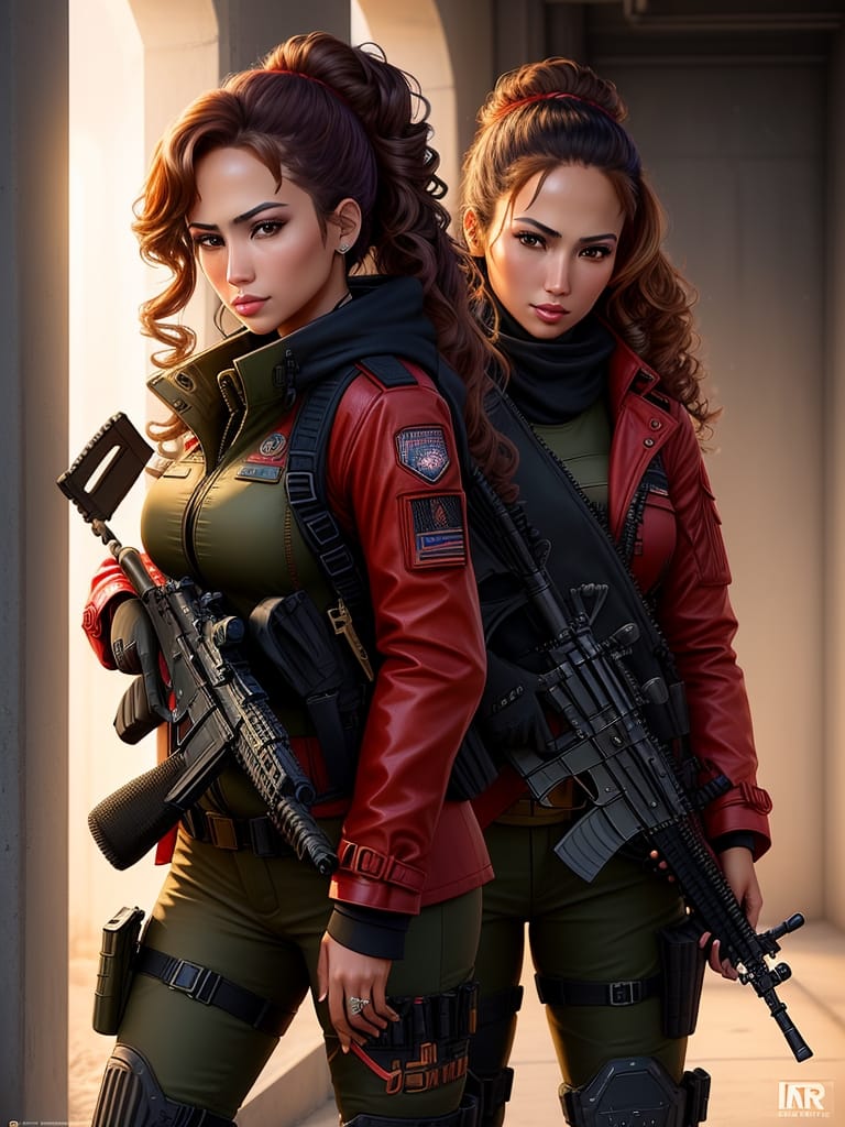 Digital Artwork Of A Young JLO Woman Smirking Spec Ops Leader, Very Cute And Beautiful, Curly Long Hair, Wearing A Bright Red Trench Coat With Spec Ops Gea...