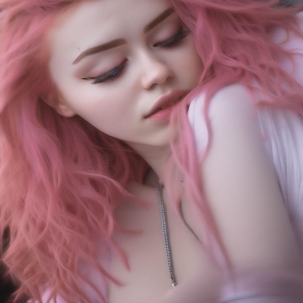 Hyperrealistic,Woman, 20 Years Old, European, Skinny, Natural Breasts, Medium Ass, Long Eyelashes,, Pink Hair, Curly Hair, Long Hair, Shaved Pussy, Horny F...