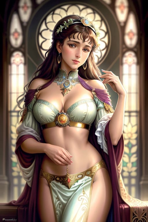 Beautiful Art Nouveau Lady Reminiscent Of Alphonse Mucha, In Tilt-shift Effect For Selective Focus, Surrounded By Surreal Extravagant Details, In HDR, Fina...