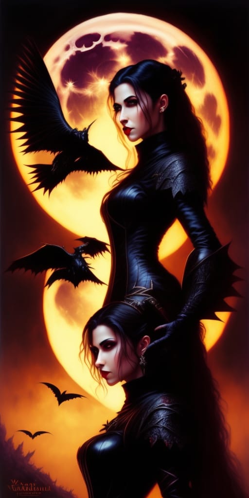 A Female Vampire Standing In Front Of A Full Moon, Beautiful Vampire Female Queen, Beautiful Vampire Queen, Vampire Queen, Raven Winged Female Vampire, Fem...