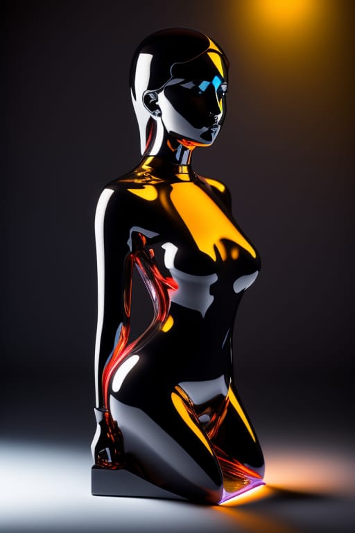 Beautiful Glass Sculpture Girl Made Of Glass, Body As Smooth Curved Transparent Futuristic 3d Glass Model On A Completely Black Background, Triad Colors, T...