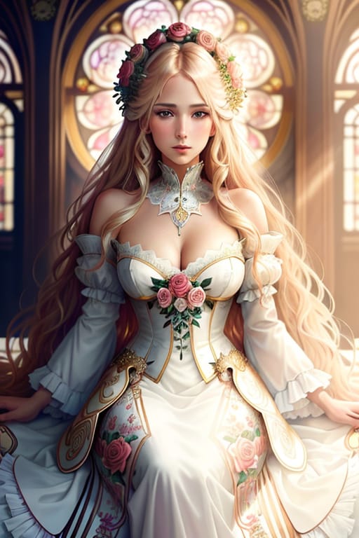 Digital Female Model, Long Blonde Hair Decorated With Roses, Elegantly Dressed, Dress Made Of Pastel Organza, Decorated With Pastel Ribbons, Two White Dove...