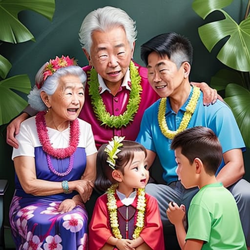 Create A Modern Party With An Elderly Hawaiian Grandmother Sharing Stories With Her Grandchildren. They Are Wearing Hawaiian Lei. Please Add Children