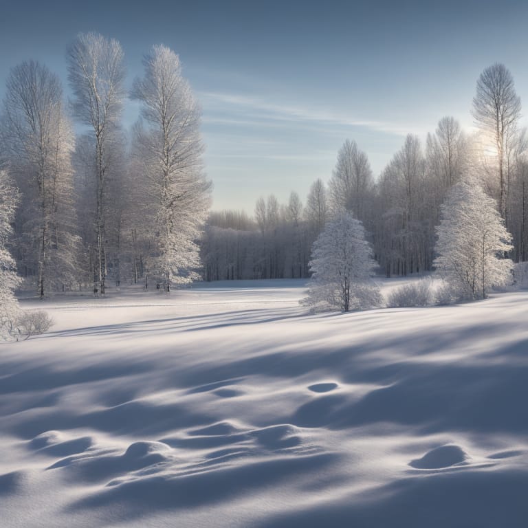 Winter Snowscape, Knoll Centered In Frame, Zoomed Out Perspective, Surrounding Expanse Blanketed In Untouched Snow Reflecting Faint Winter Sunlight, Distan...