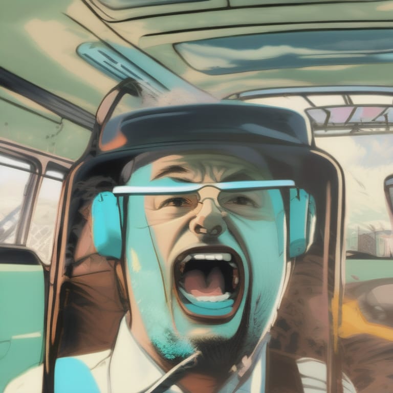 Angry Bus Driver Shouting By The Bus Cockpit, Drop Of Sweat On His Forehead, He Wears Shirt With Collar, Turquoise Tie, Semirealistic