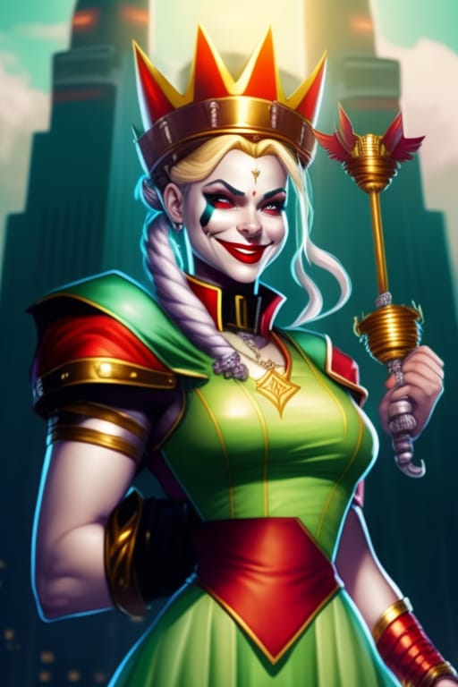 Harley Quinn Dressed As The Statue Of Liberty, With The Crown And Robes Of The Statue. Instead Of Holding Up A Torch, She Is Holding The Caduceus Of Hermes...