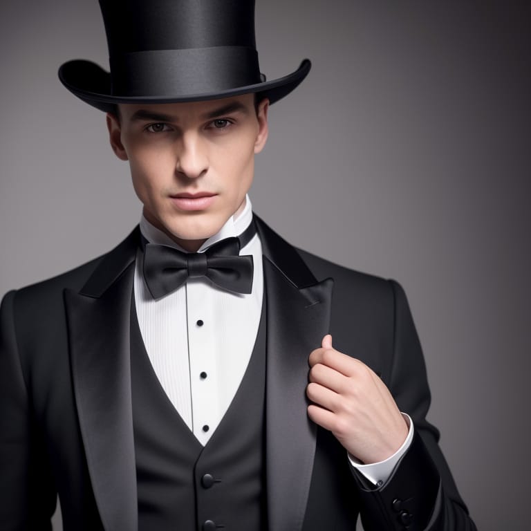 18k Ultra HD, Show Face, English Elegant Stage Magician In Modern Black Tux, Only Cravat And Top Hat, Macro Realism, Macrophotography, Perfectly Proportion...