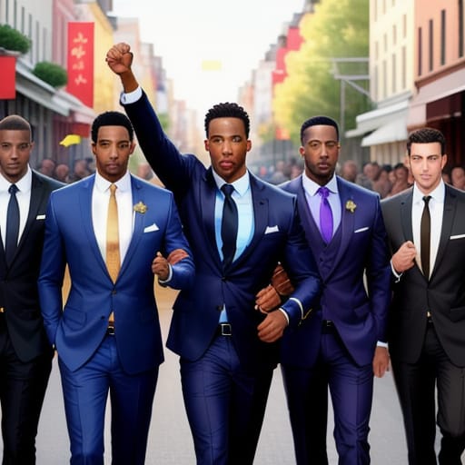 Generate An Inspiring Artwork Depicting Five African American Men Walking Confidently Down A Vibrant City Street, Their Fists Raised In A Powerful Symbol O...
