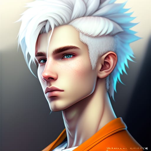 Cartoon Style, Cute Albino Young Man, Medium Hair, Ponytail, White Hair, Casual Custom, Cartoon, Vibrant Skin, Extremely Delicate, Insanely Detailed, Hdr,...