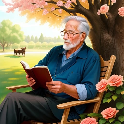 Old Man Reading A Book Next To A Shade Tree Sunny Day With A Stack Of Books Flowers And A Dog Roses