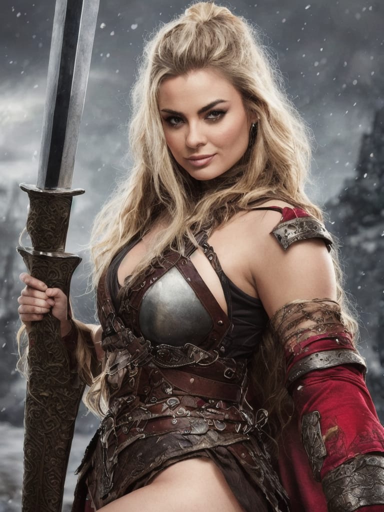 Carmen Electra With Evil Smirk Busty Big Glutes Long Very Big Red Windy Hair Holding A Sword, Showing Cleavage Female Warrior, Norse Warrior, Snowing In Ba...