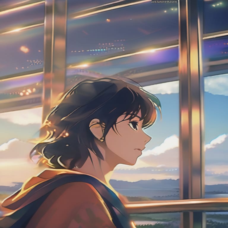 Anime Style, Yun Is Looking Across The Window, The Scenery Outside The Train Window, Distant Lights, Reflections, Passing Scenery, Beautiful, Clear, Bright...