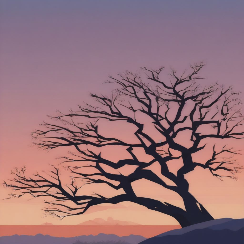 Silhouette Of A Lone Tree On A Hill Against A Dusk Sky, Branches Sprawling, Horizon Clear, Colors Gradients From Orange To Deep Blue, Long Shadows Cast On...