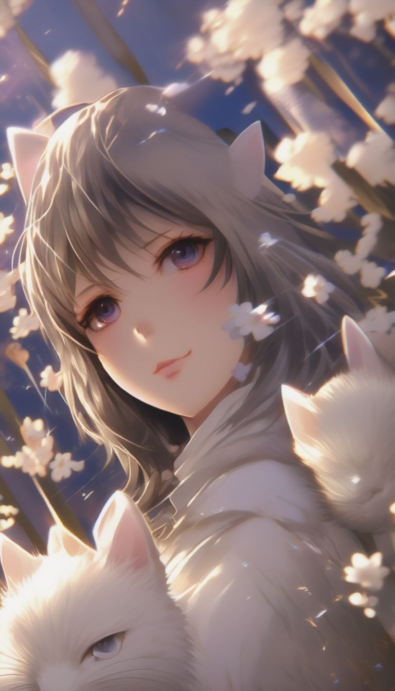 A Girl Holding A White Cat In Her Arms, Beautiful Cat, Cute Cat, Very Beautiful Anime Cat Girl, Cute Cats, Realistic Anime Cat, Detailed Anime Soft Face, B...
