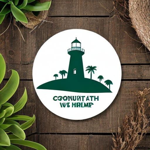Blue And Green Minimalist Logo Of A High Hill With White Lighthouse At The Top, Big Hill With Trees, Lighthouse At The Top, On Tropical Island With Coconut...
