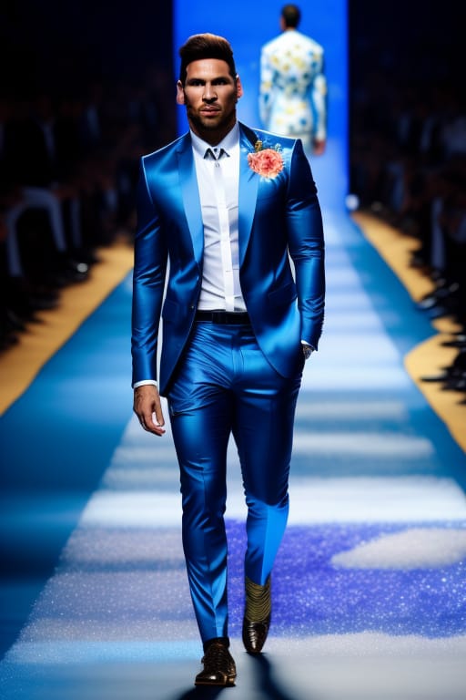 Leonel Messi In A Blue Suit, With Pants With A Floral Print, And A Leather Shirt With A Floral Print, Walking Along A Catwalk Of Iron Waste, With Sparks Fr...