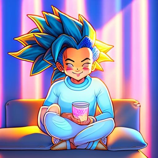 Close Distance Professional Photo Of A Mini Super Saiyan Blue Bubble Tea Drinkers Sitting On Pillow On Joyful Smiling Face Gentle Lighting Sun Rays Atmosph...