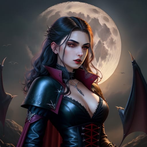 A Female Vampire Standing In Front Of A Full Moon, Beautiful Vampire Female Queen, Beautiful Vampire Queen, Vampire Queen, Raven Winged Female Vampire, Fem...