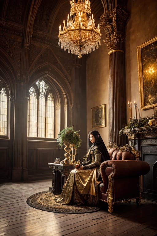 Knight In Hyper Realistic Magical Light Gold, Sitting On A Throne With A Cape, A Cross Drawn On The Armor, A Huge And Shiny Sword, Extremely Detailed Photo...