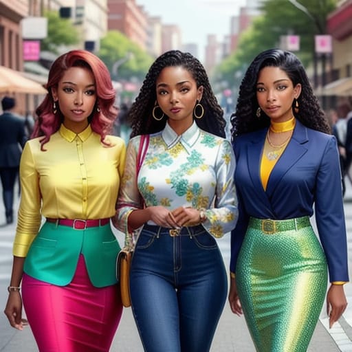 African American Ladies Of All Ages; Walking Down A Busy Street; Wearing; A Business Suits; Each Dressed In A Different Color; One Lady Is Wearing Solid Pi...