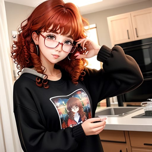 Anime Red Fluffy Long Hair Bangs Brown Eyes Black Glasses Baggy Sweater Blushing , Getting Married To Anime Girl Blonde Fluffy Long Hair Blue Eyes
