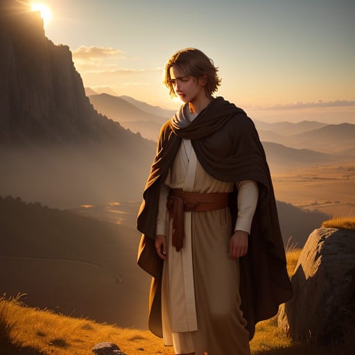 Matthew From The Book Of Matthew In The Bible Stands On A Rocky Hill, Overlooking A Serene Landscape. His Eyes Are Filled With Wisdom And Compassion As He...