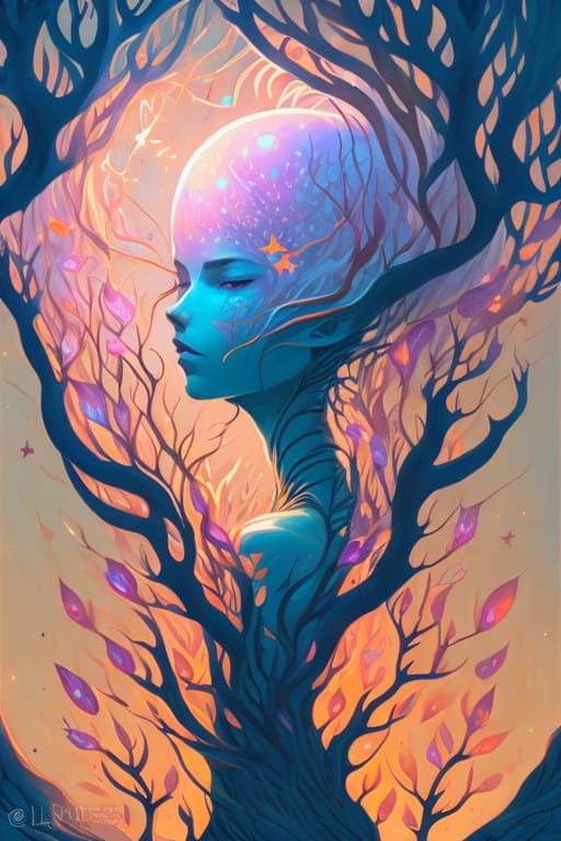 Abstract Style, Pastel Colors, Holographic Bright Stars, Spiritual Forest Creature, Sharp Focus, Hdr, Non-representational, Colors And Shapes, Expression O...