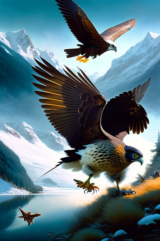 Dynamic Action Shot Of Hawk Hunting Fish During The Break Of Dawn In The Alps Mountains, Darek Zabrocki, And Jean-Baptiste Monge Highly Detailed, Extremely...