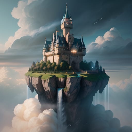 Castle In The Sky On Top Of A Cloud, Many Clouds, Illustration, Birds In The Sky, Waterfall Close Shot 35 Mm, Realism, Octane Render, 8 K, Exploration, Cin...