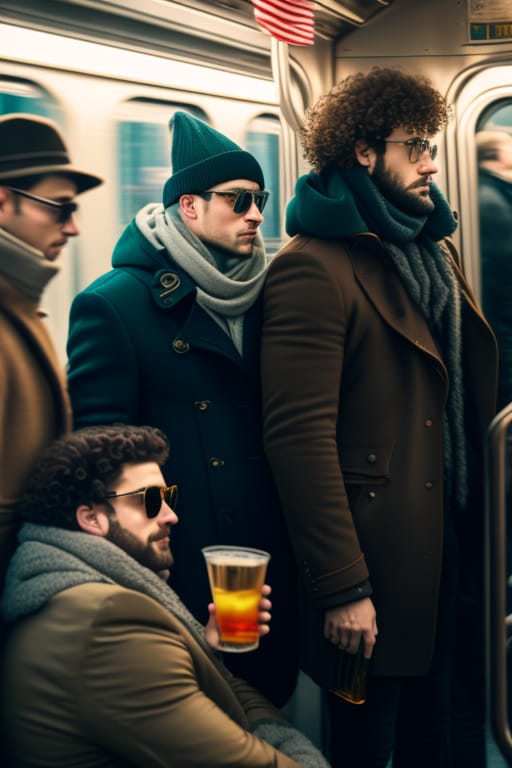 Style Of Antoine Blanchard,A Handsome Slavic Guy Is Riding In A Subway Car, Curly Hair, A Jacket With A Hood, The Edge Of Dark Glasses Is Visible In His Ja...